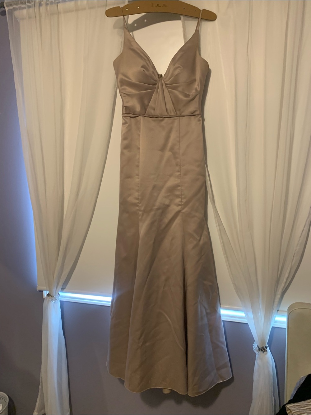 Morilee by Madeline Gardner Satin Spaghetti-Strap Maxi Dress in Taupe
Size 8